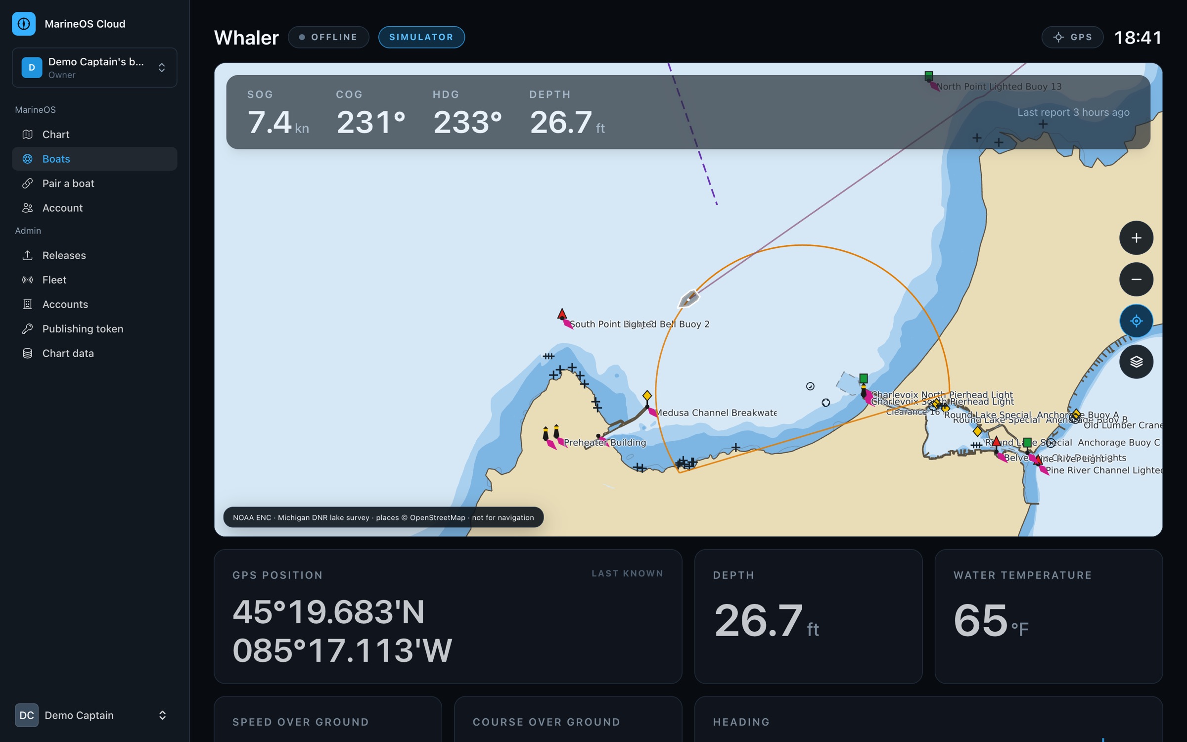 A boat's page in MarineOS Cloud: its instruments over the chart