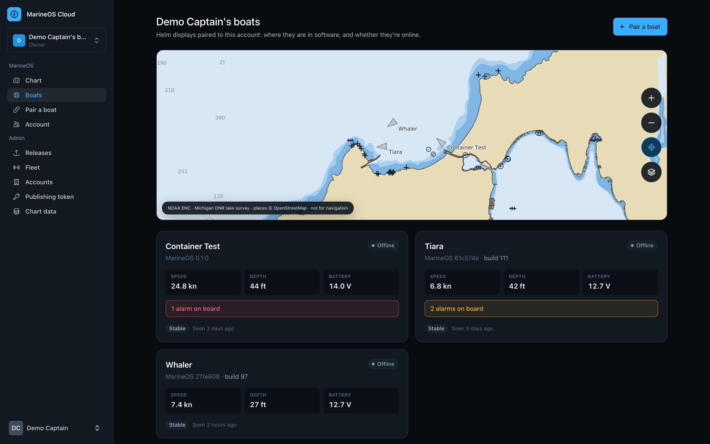 MarineOS Cloud's dashboard: an account's boats on one chart, each with its speed, depth, battery and alarms