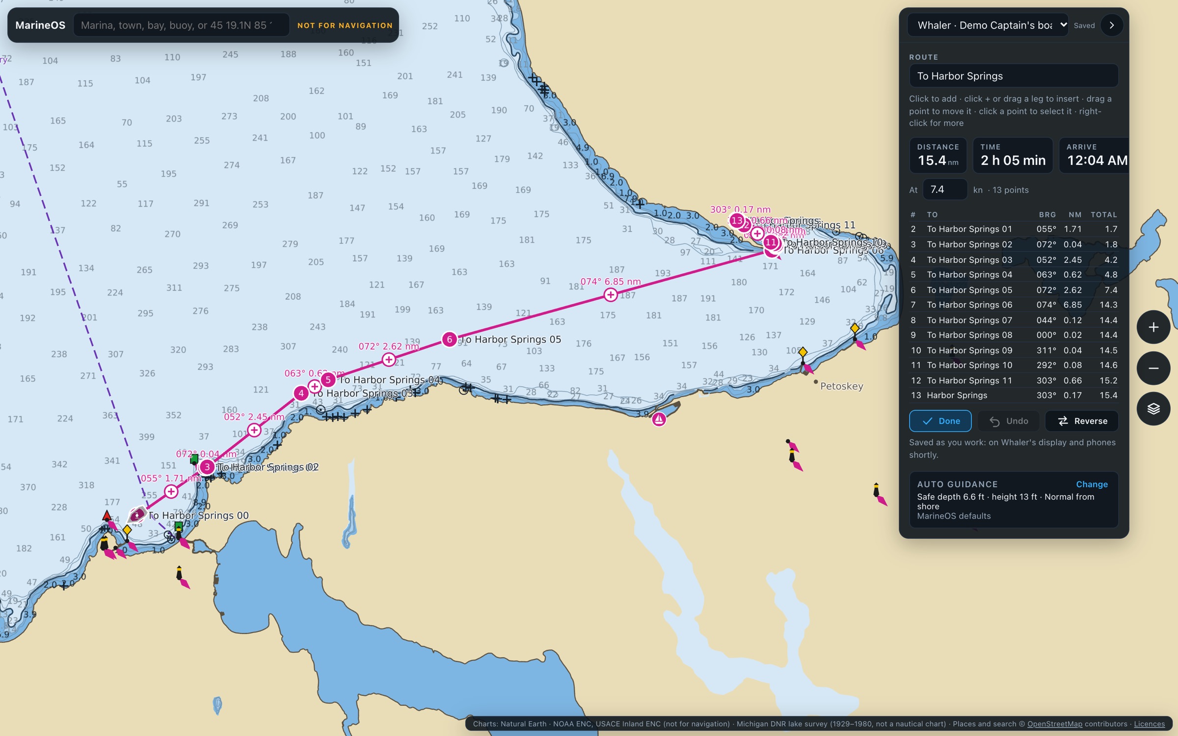 MarineOS Cloud's chart in a browser, planning a route to Harbor Springs with Auto Guidance