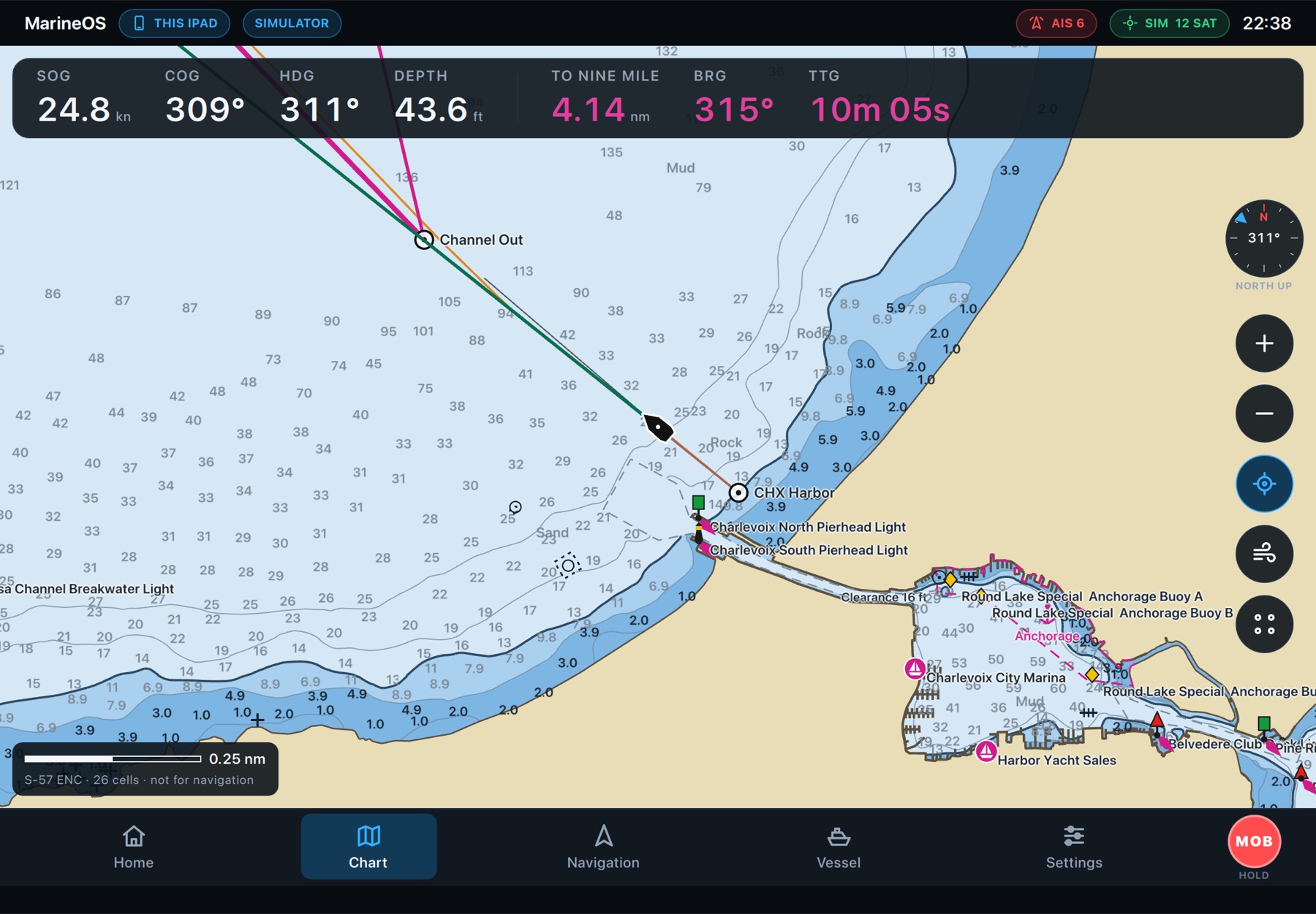 MarineOS on an iPad: the same chart, soundings and route as the helm
