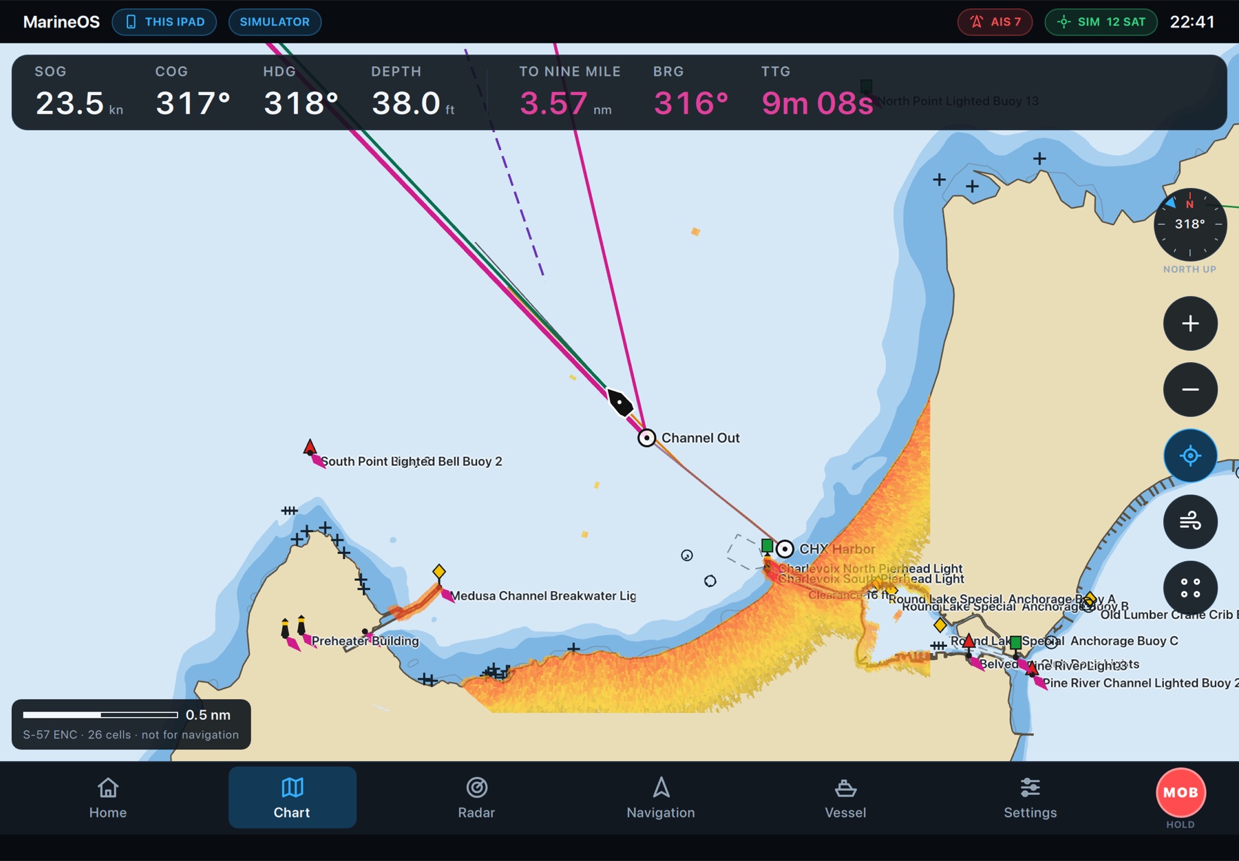 Radar over the chart on an iPad: the returns line up with the shore, the piers and the harbour