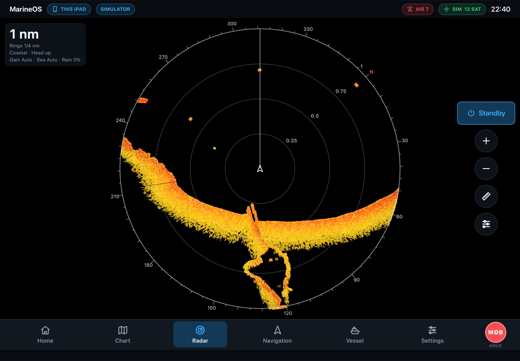 The MarineOS radar screen on an iPad: the shoreline and harbour piers at one nautical mile
