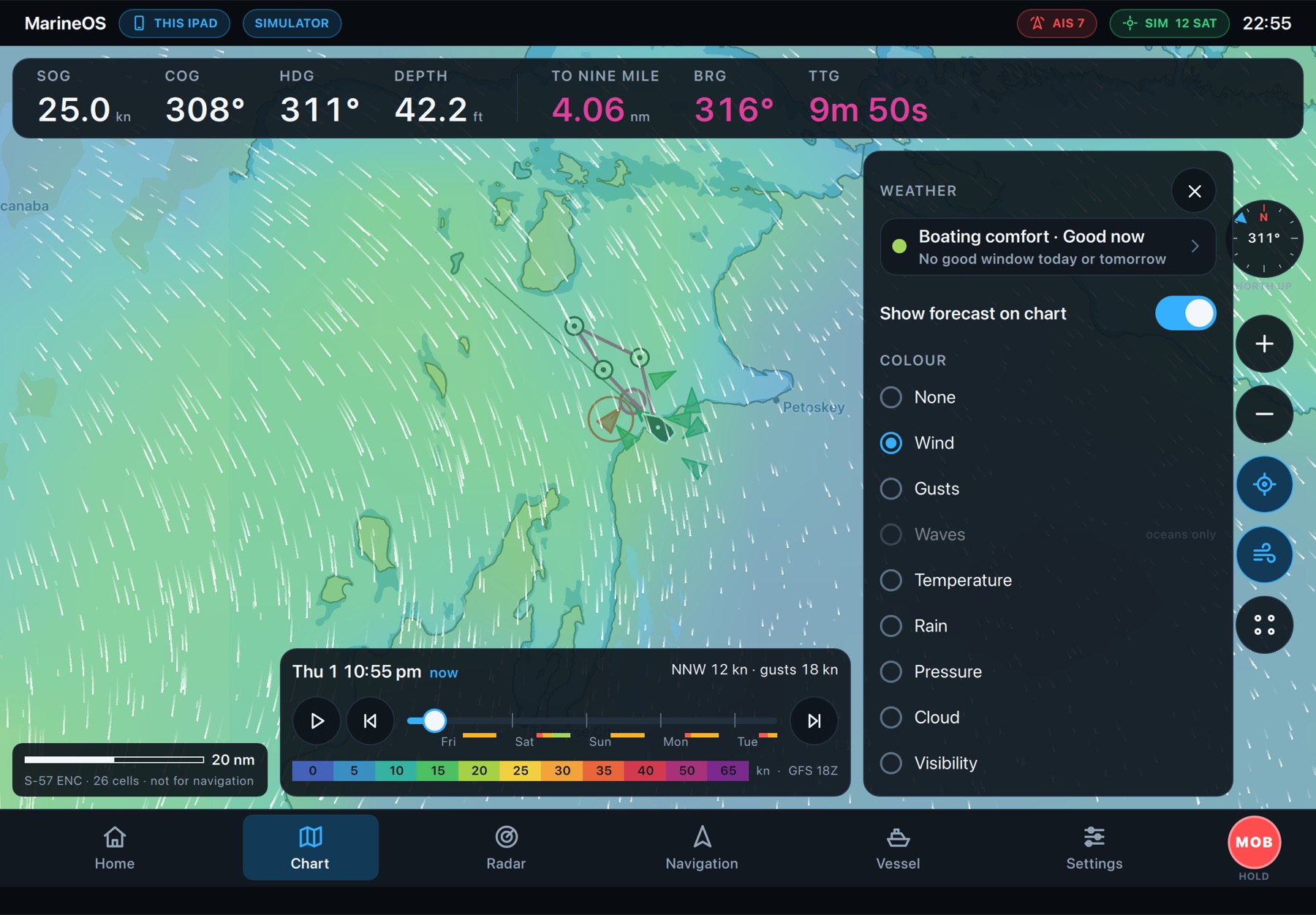 MarineOS's weather panel: boating comfort, the forecast on the chart, and its layers