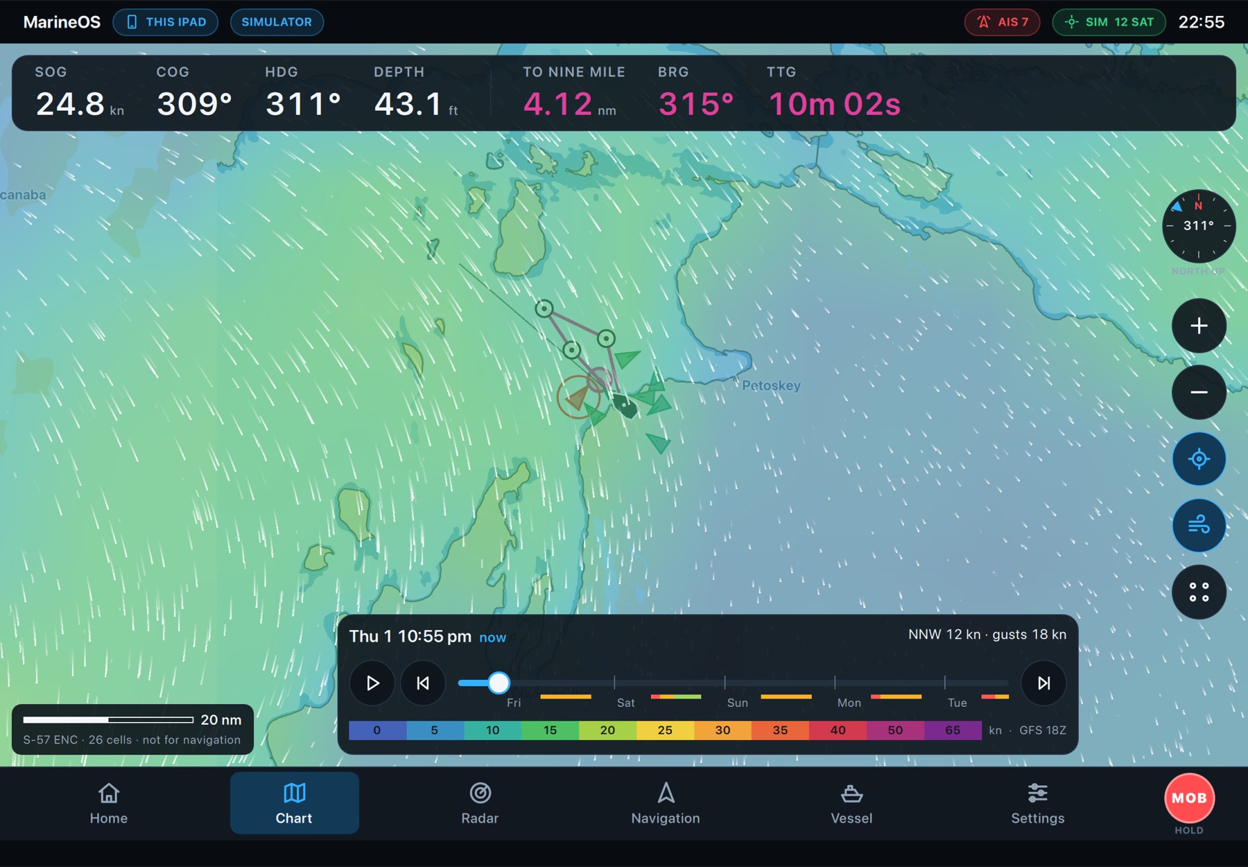 MarineOS on an iPad: the wind forecast over the chart, with its timeline