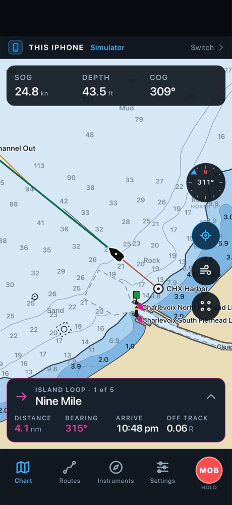 MarineOS on an iPhone: soundings, the route and the next mark, Nine Mile