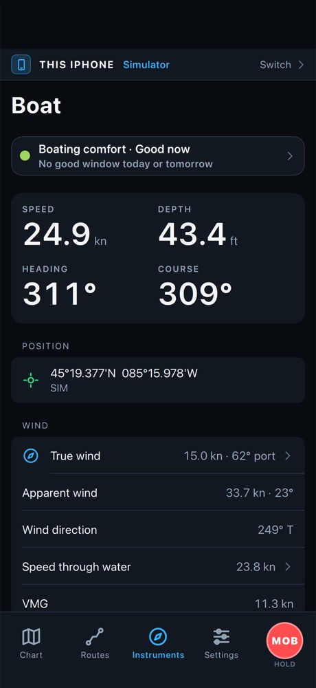 A boat's readings, wind and boating comfort on an iPhone
