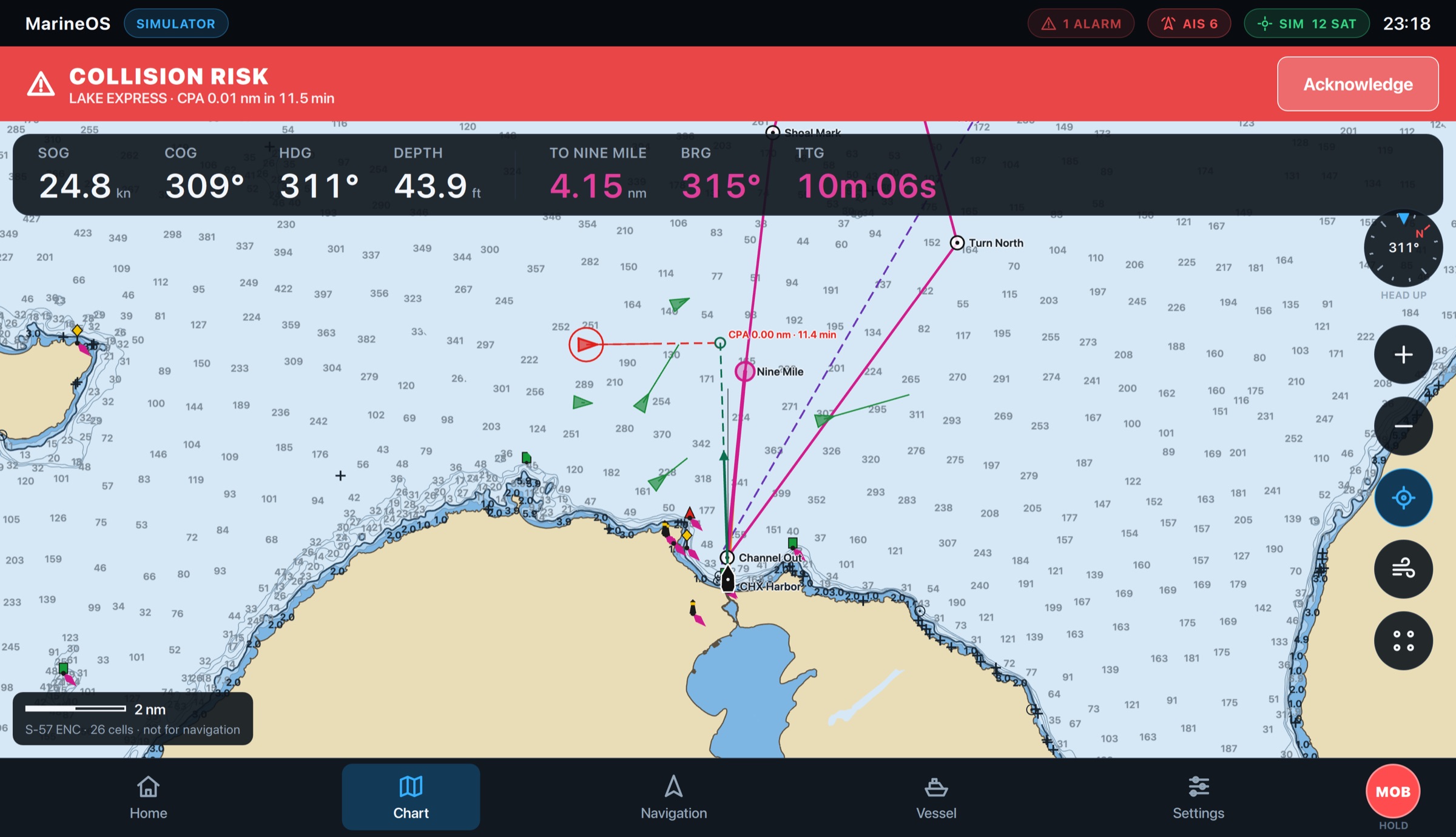 A collision alert on the MarineOS helm display: LAKE EXPRESS ringed in red, both tracks drawn to the point of closest approach, 11 minutes ahead