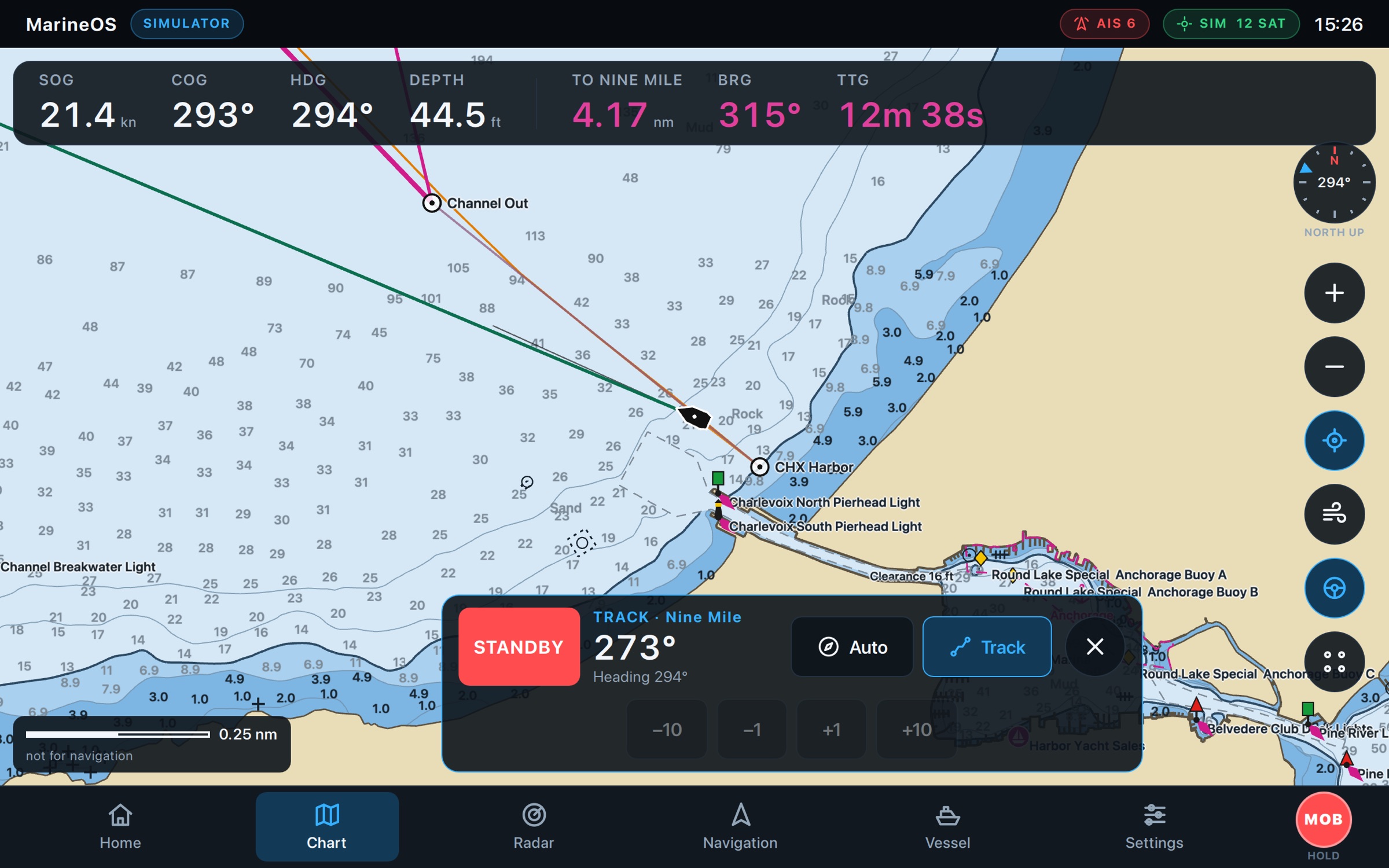 The autopilot bar on the MarineOS helm display: Track to Nine Mile at 273 degrees, with Standby, Auto and course changes