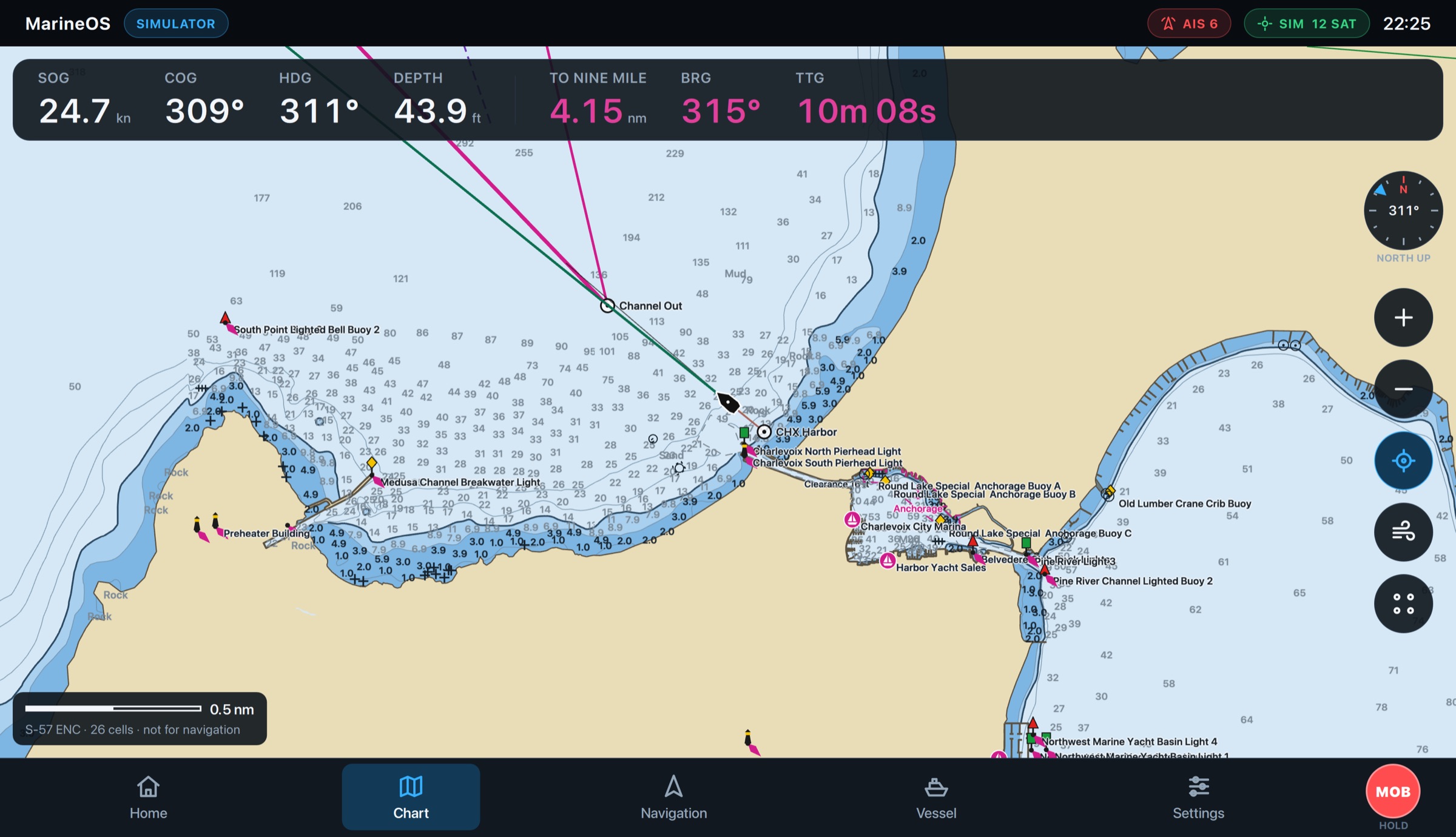 The MarineOS helm display: a NOAA chart with soundings, aids to navigation, the boat's route and the instrument bar