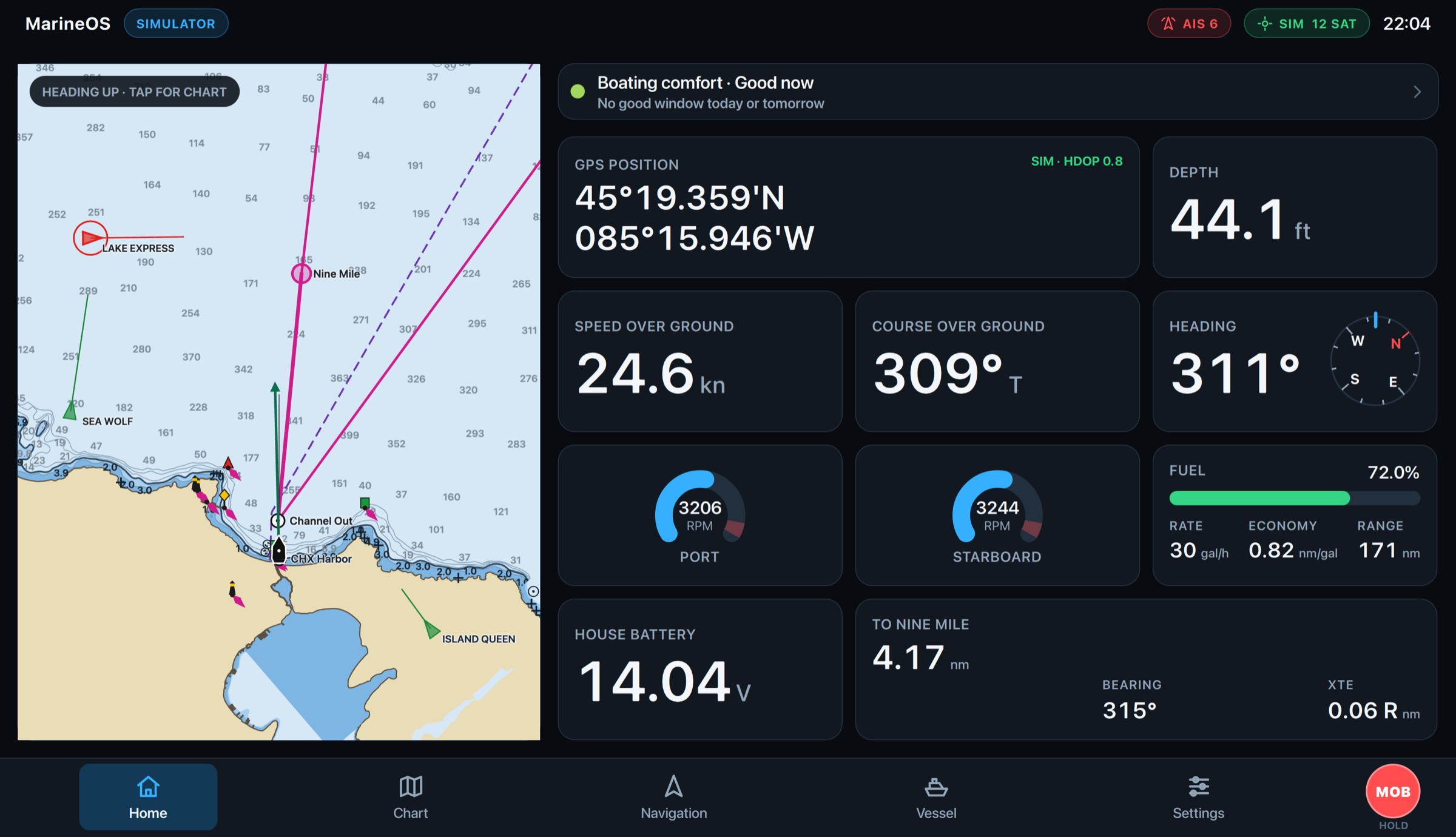 The MarineOS Home screen: chart, boating comfort, position, engines, fuel, battery and the next mark