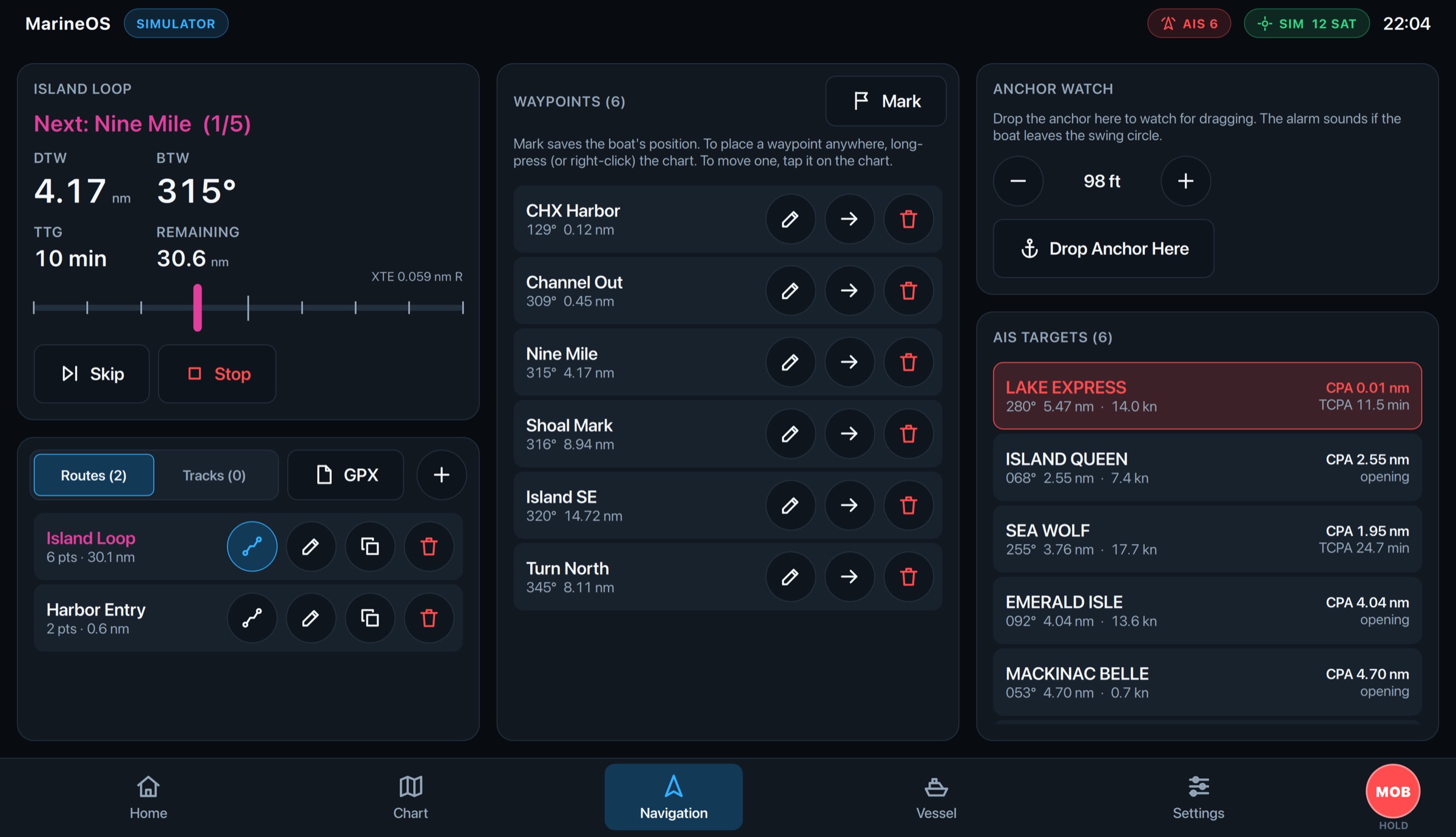 MarineOS Navigation: the active route, routes, waypoints, anchor watch and AIS targets