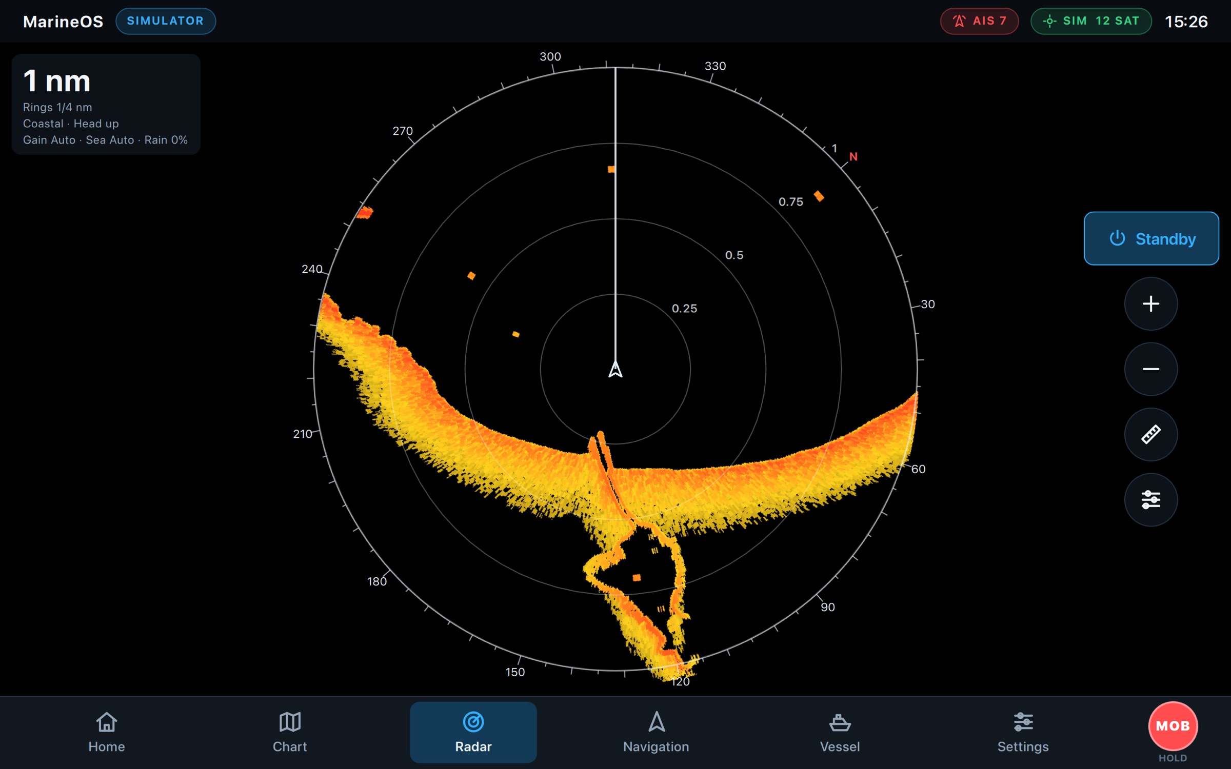 The MarineOS radar screen on the helm display: the shoreline and the harbour piers at one nautical mile, shown with the radar simulator